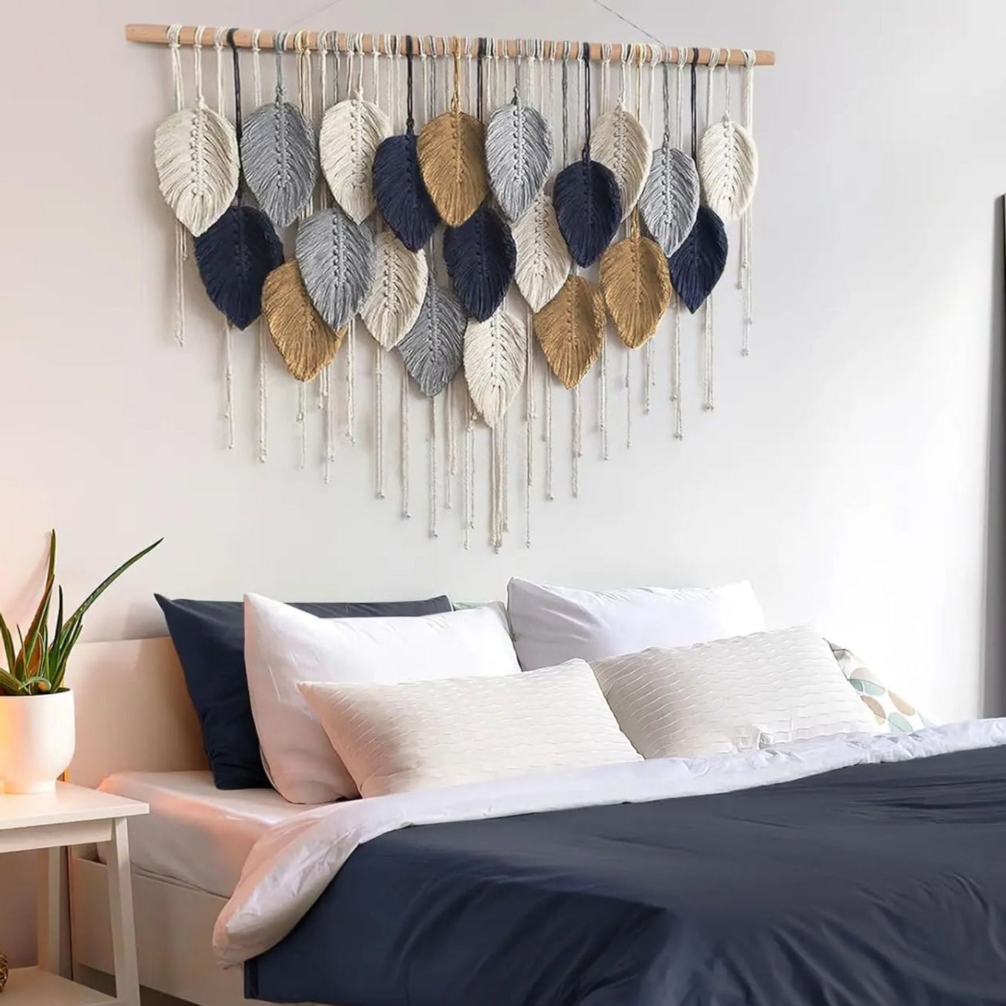 Elegant Boho Macrame Leaf & Feather Hanging Wall Art