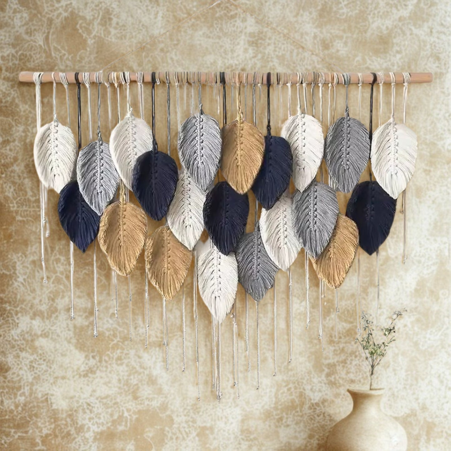 Elegant Boho Macrame Leaf & Feather Hanging Wall Art