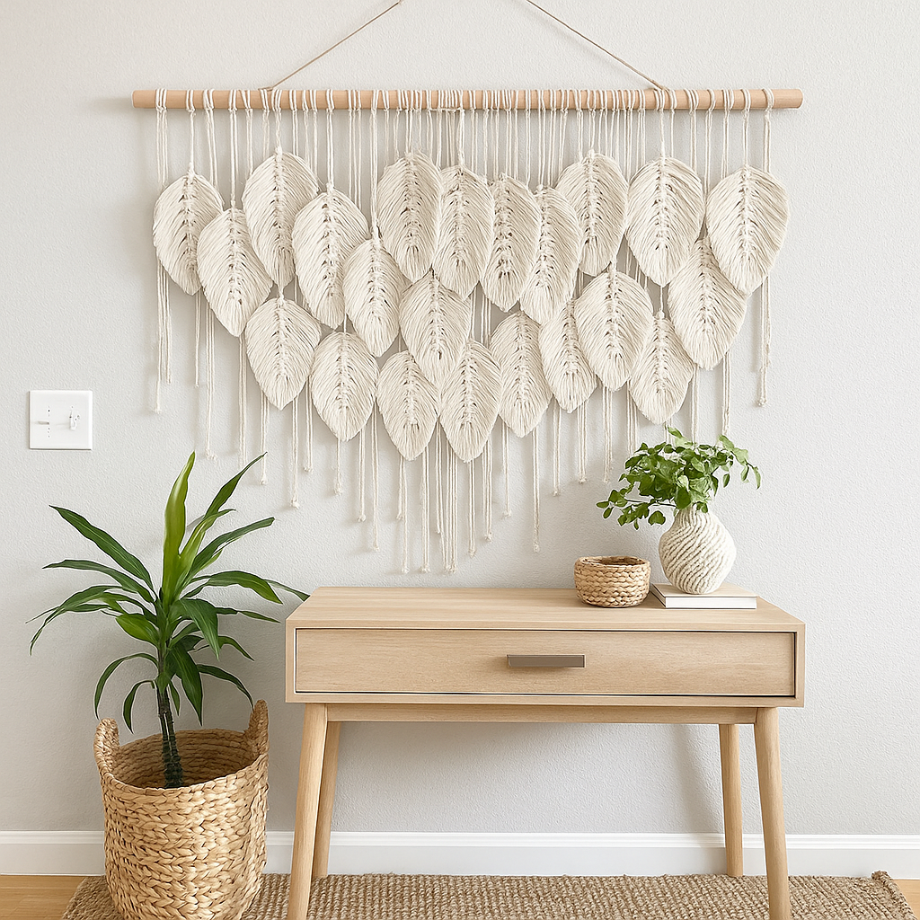 Elegant Boho Macrame Leaf & Feather Hanging Wall Art