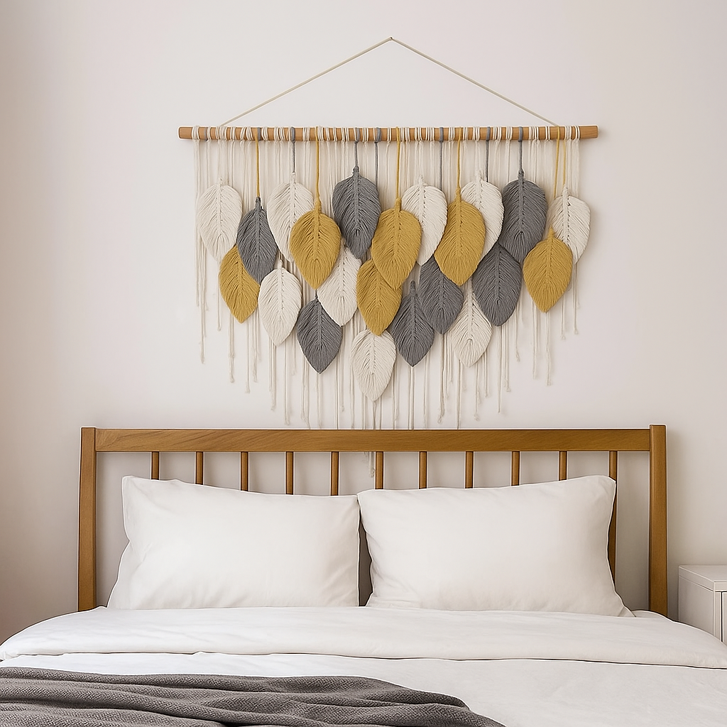Elegant Boho Macrame Leaf & Feather Hanging Wall Art