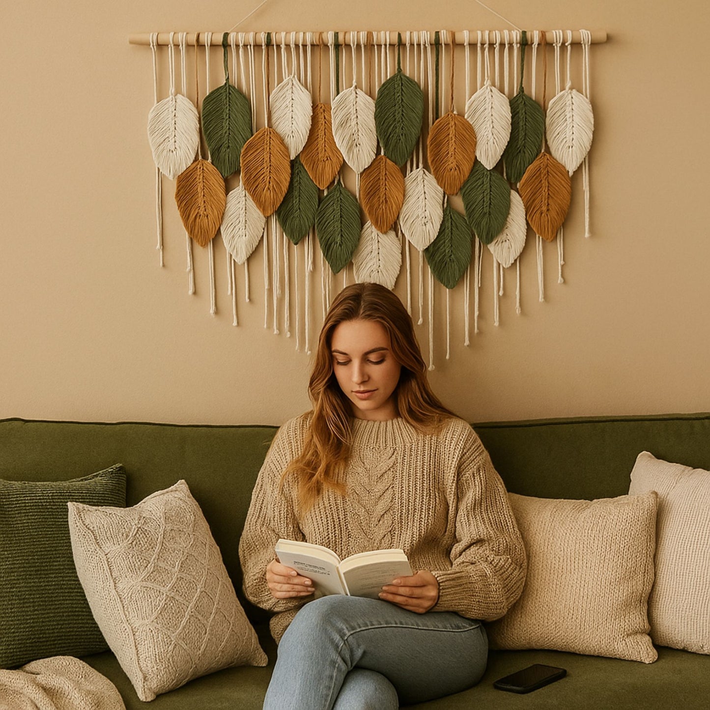 Elegant Boho Macrame Leaf & Feather Hanging Wall Art
