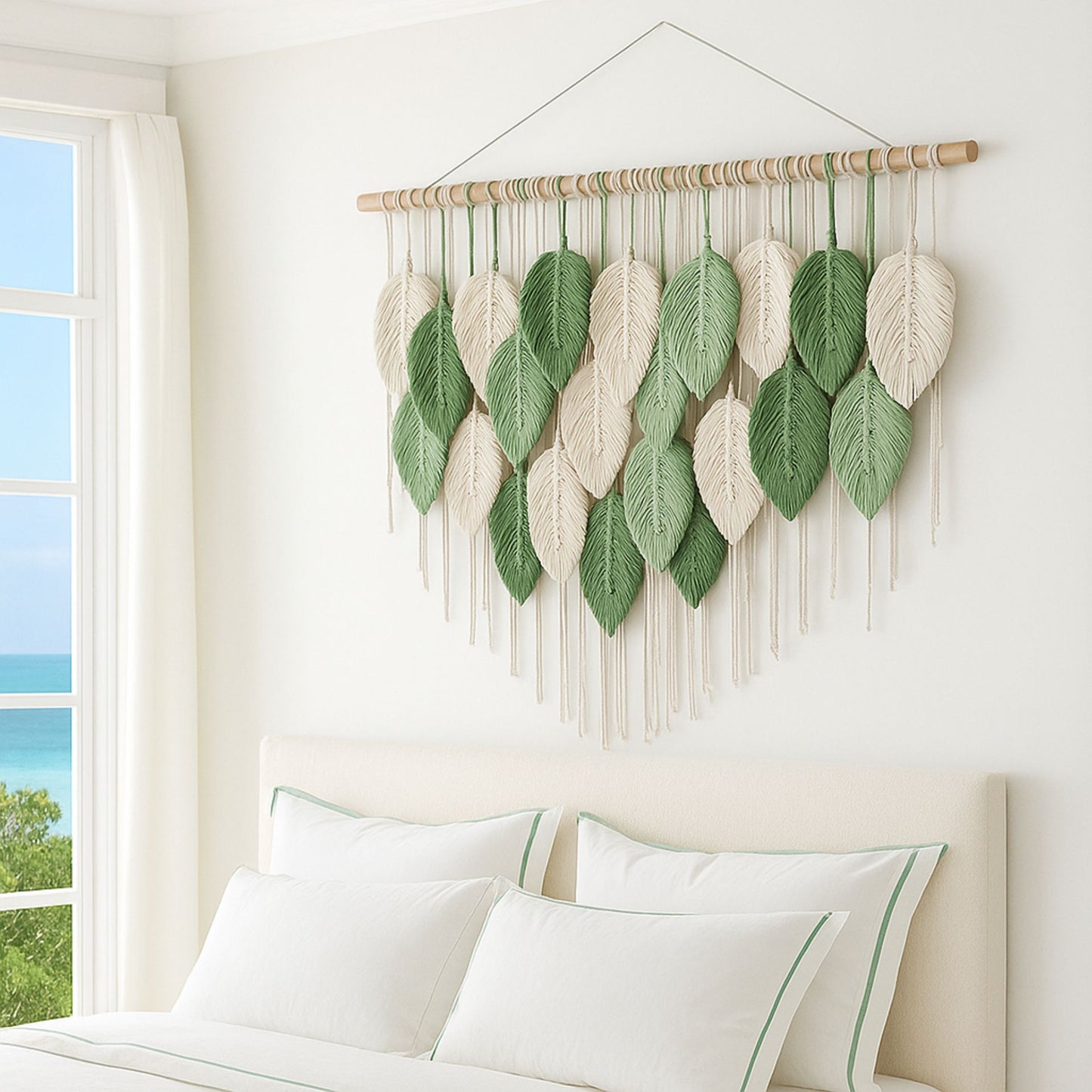 Elegant Boho Macrame Leaf & Feather Hanging Wall Art