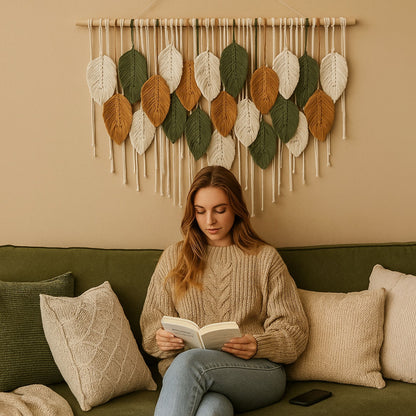 Elegant Boho Macrame Leaf & Feather Hanging Wall Art