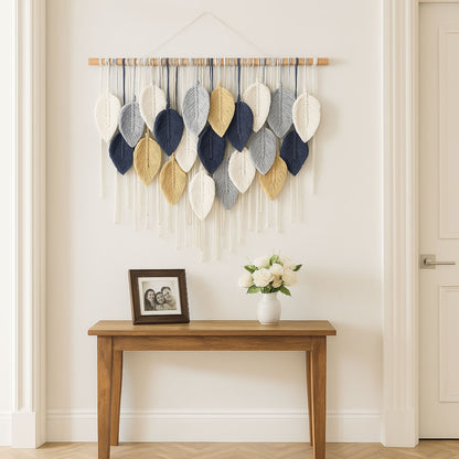 Elegant Boho Macrame Leaf & Feather Hanging Wall Art